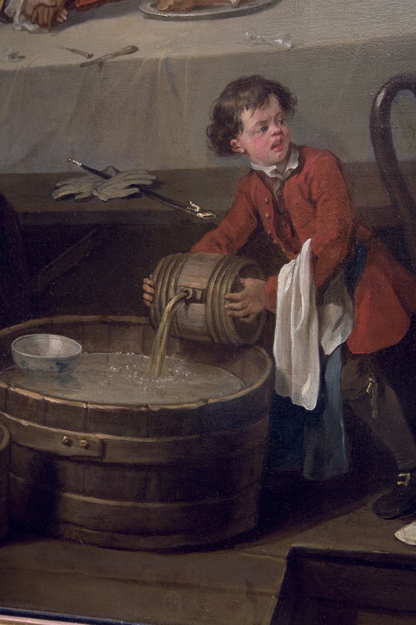 En distraherad skulptör häller ett fat med konjak på en halvfat med smutsiga skräpar, detalj från An Election, Scene I, An Election Entertainment, 1744-45 av William Hogarth