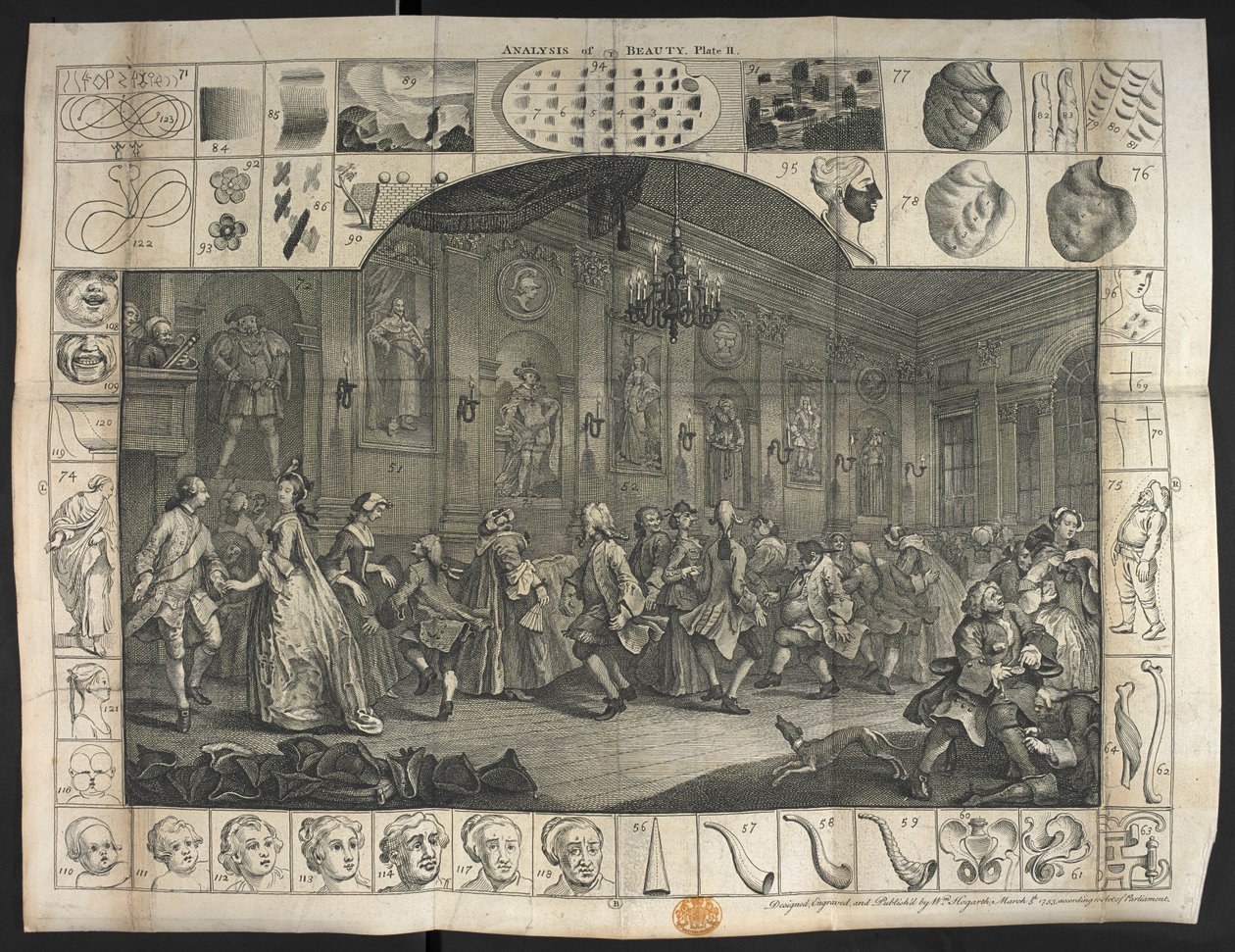 Ett stort antal människor som dansar av William Hogarth