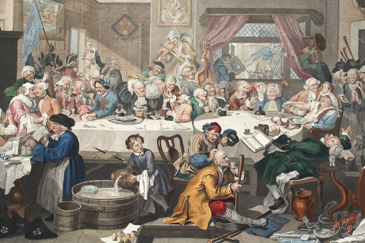En valunderhållning, illustration från "Hogarth Restored: The Whole Works of the hyllade William Hogarth, re-graved by Thomas Cook", pub. 1812 (handfärgad gravyr) av William Hogarth