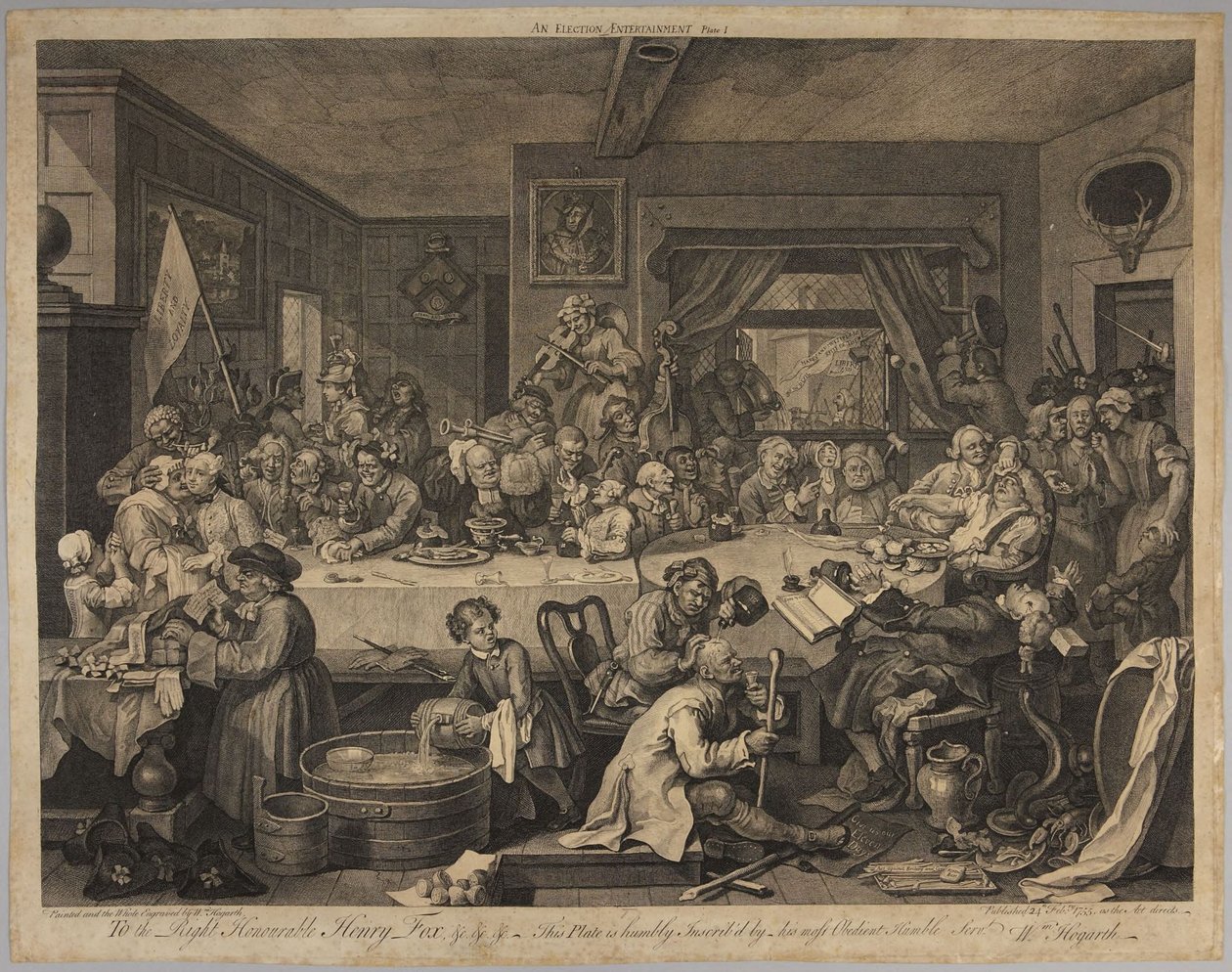 En valfest, plansch 1 ur serien Fyra tryck om ett val av William Hogarth