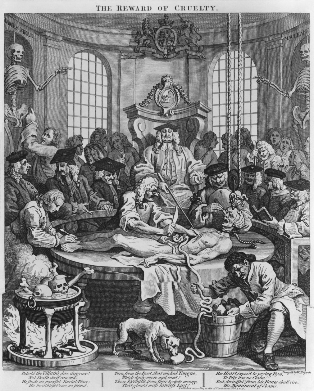 Obduktion eller grymhetens belöning, från Grymhetens fyra stadier, 1751 av William Hogarth