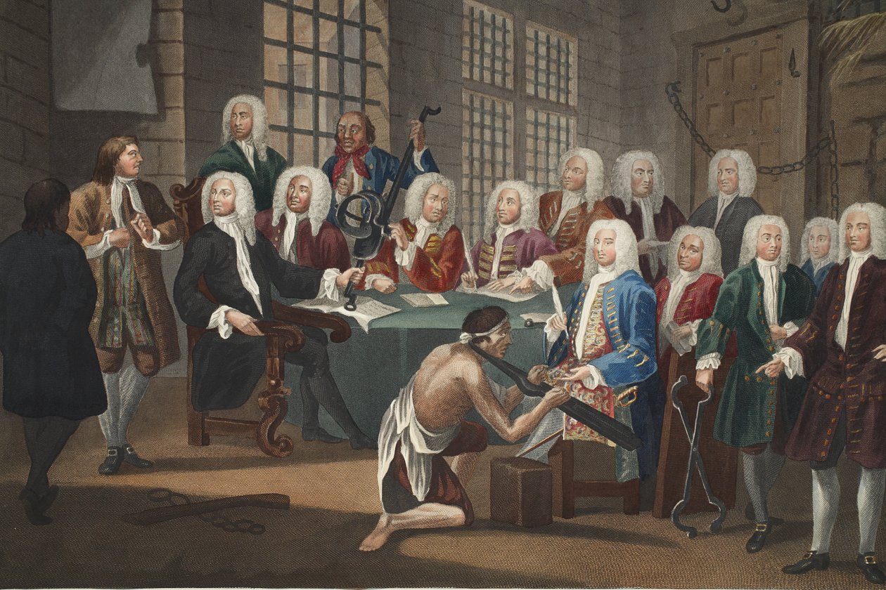 Bambridge står inför rätta för mord av en kommitté i underhuset, illustration från "Hogarth Restored: The Whole Works of the berömde William Hogarth, omgraverad av Thomas Cook", pub. 1812 (handfärgad gravyr) av William Hogarth