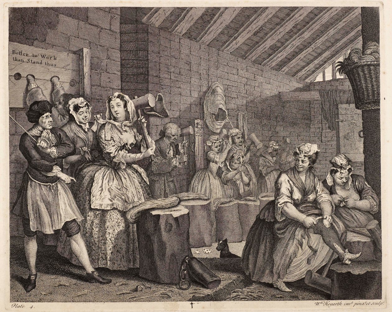 Hampbearbetning i Bridewell: En prostituerads liv, plansch 4 av William Hogarth