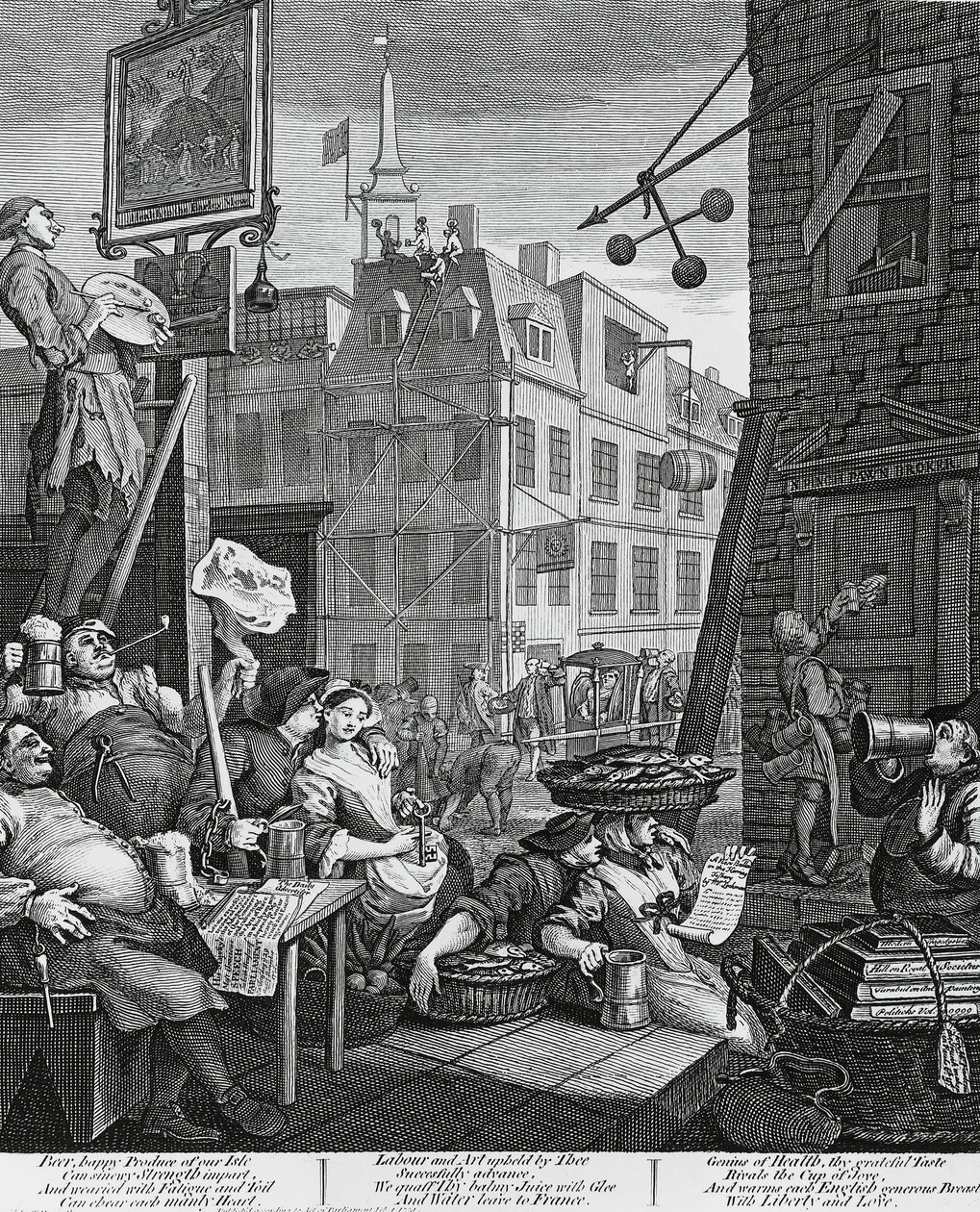 Beer Street, London, gravyr av William Hogarth (1697-1764), Storbritannien av William Hogarth