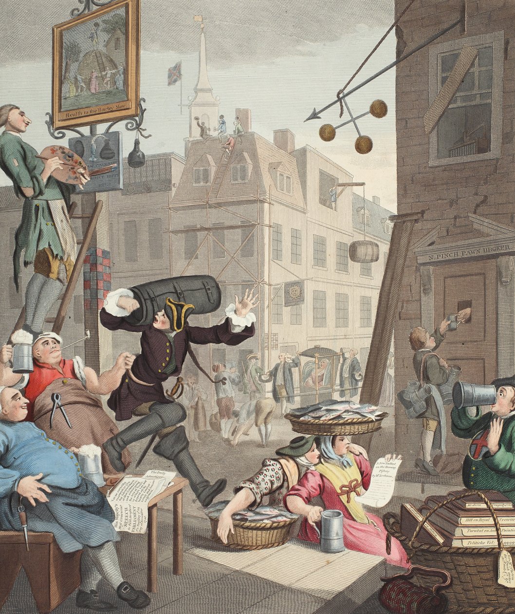 Beer Street, illustration från "Hogarth Restored: The Whole Works of the hyllade William Hogarth, re-graved by Thomas Cook", pub. 1812 (handfärgad gravyr) av William Hogarth