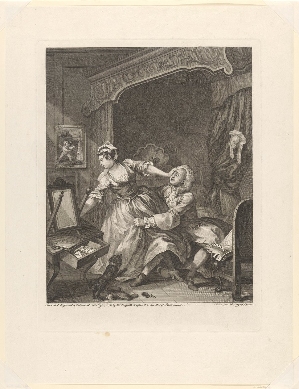 "Innan" Man drar en motvillig kvinna mot sig i ett sovrum före (titel på objekt) Före och efter (serietitel) Före och efter (serietitel) av William Hogarth