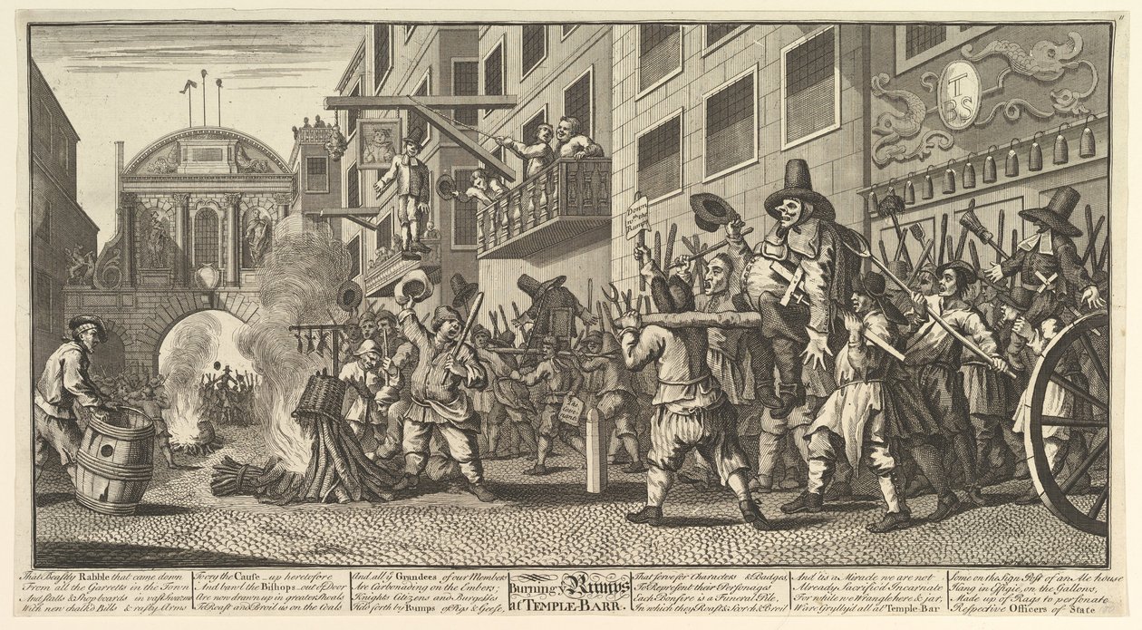 Burning the Rumps at Temple Bar Tolv stora illustrationer till Samuel Butlers Hudibras..., 1725-68. av William Hogarth