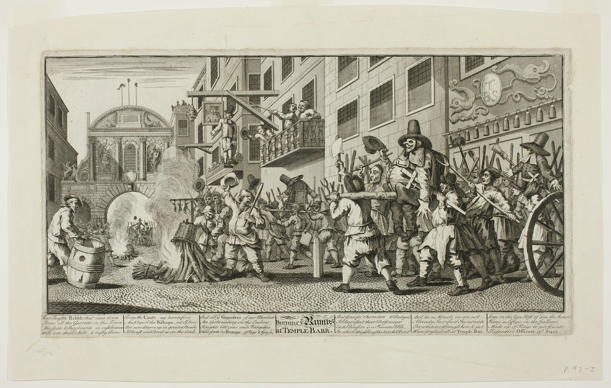 Burning the Rumps vid Temple Bar, plåt elva från Hudibras av William Hogarth
