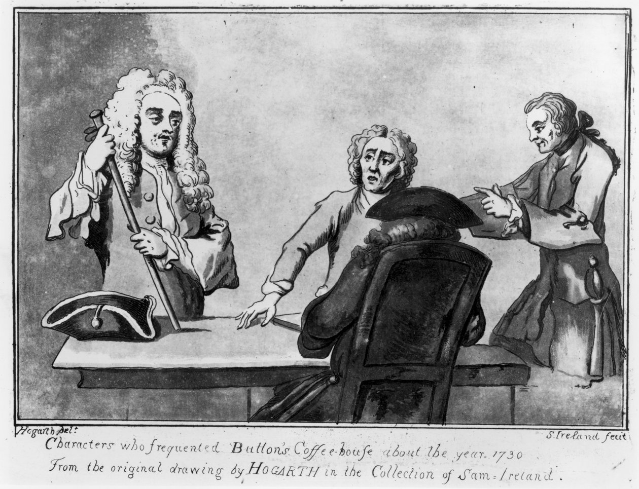 Buttons Coffee House, 1730 (penna och bläck och tvätt på papper) av William Hogarth