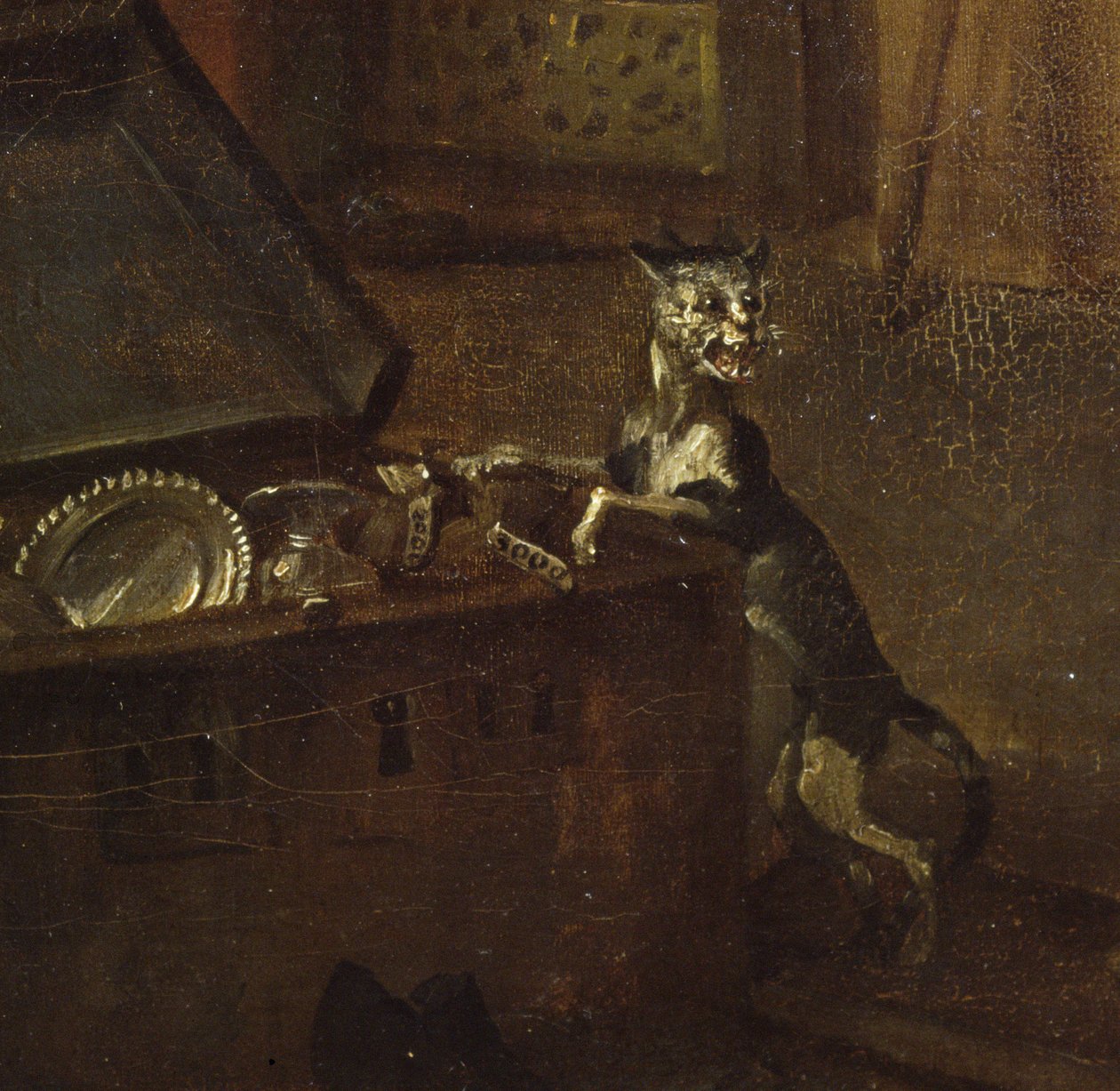 Katt med bröst, detalj från A Rakes Progress I: Kratta som tar sitt gods i besittning, 1733 olja på duk detalj av 72326 av William Hogarth