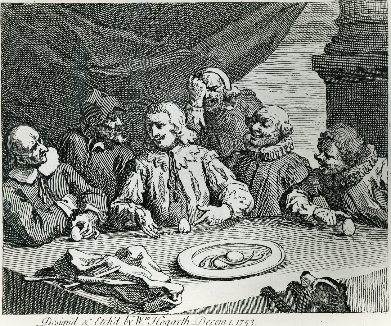 Columbus bryter ägget, 1753 av William Hogarth