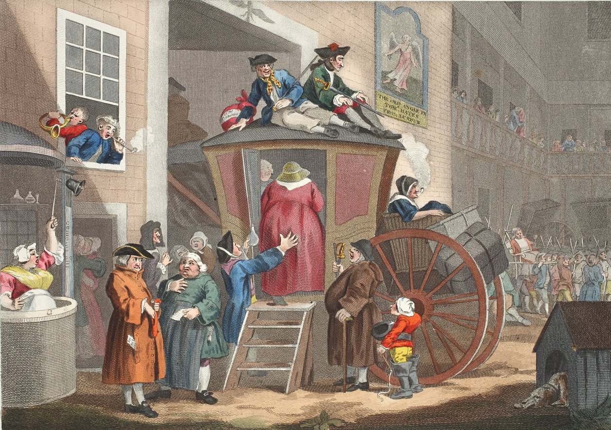Country Inn Yard, illustration från "Hogarth Restored: Hela verken av den berömde William Hogarth, ingraverat av Thomas Cook", pub. 1812 (handfärgad gravyr) av William Hogarth