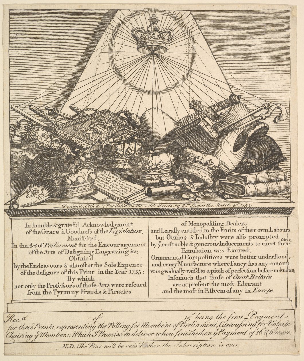 Kronor, mitrar, Maces, etc., 1755. av William Hogarth