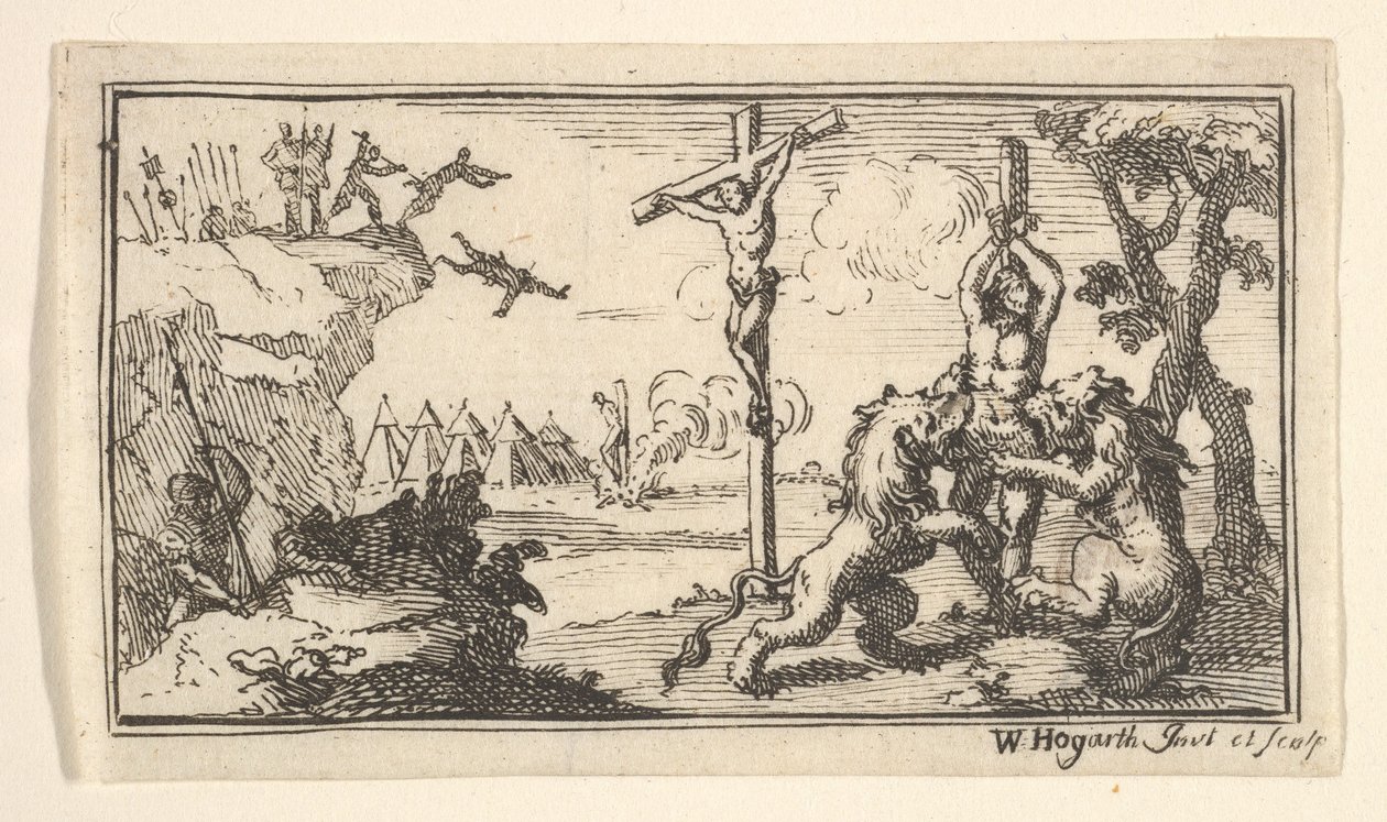 Korsfästelse, etc. John Beaver, romerska militära straff, 1725, efter 1725. av William Hogarth