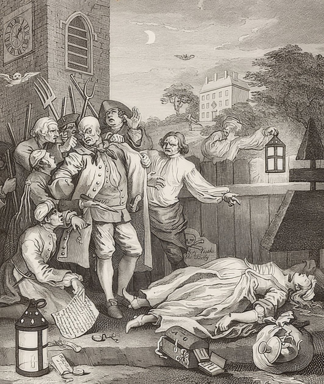 Grymhet i perfektion. Från: Grymhetens fyra stadier / Grymhetens fyra stadier. 1751 av William Hogarth