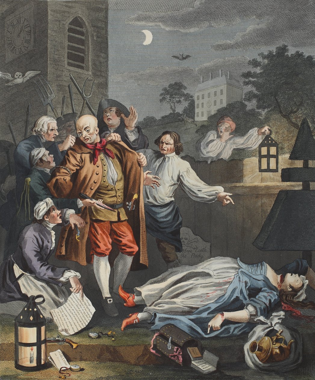 Grymhet i perfektion, från "The Four Stages of Cruelty", illustration från "Hogarth Restored: The Whole Works of the celebred William Hogarth, re-graved by Thomas Cook", pub. 1812 (handfärgad gravyr) av William Hogarth