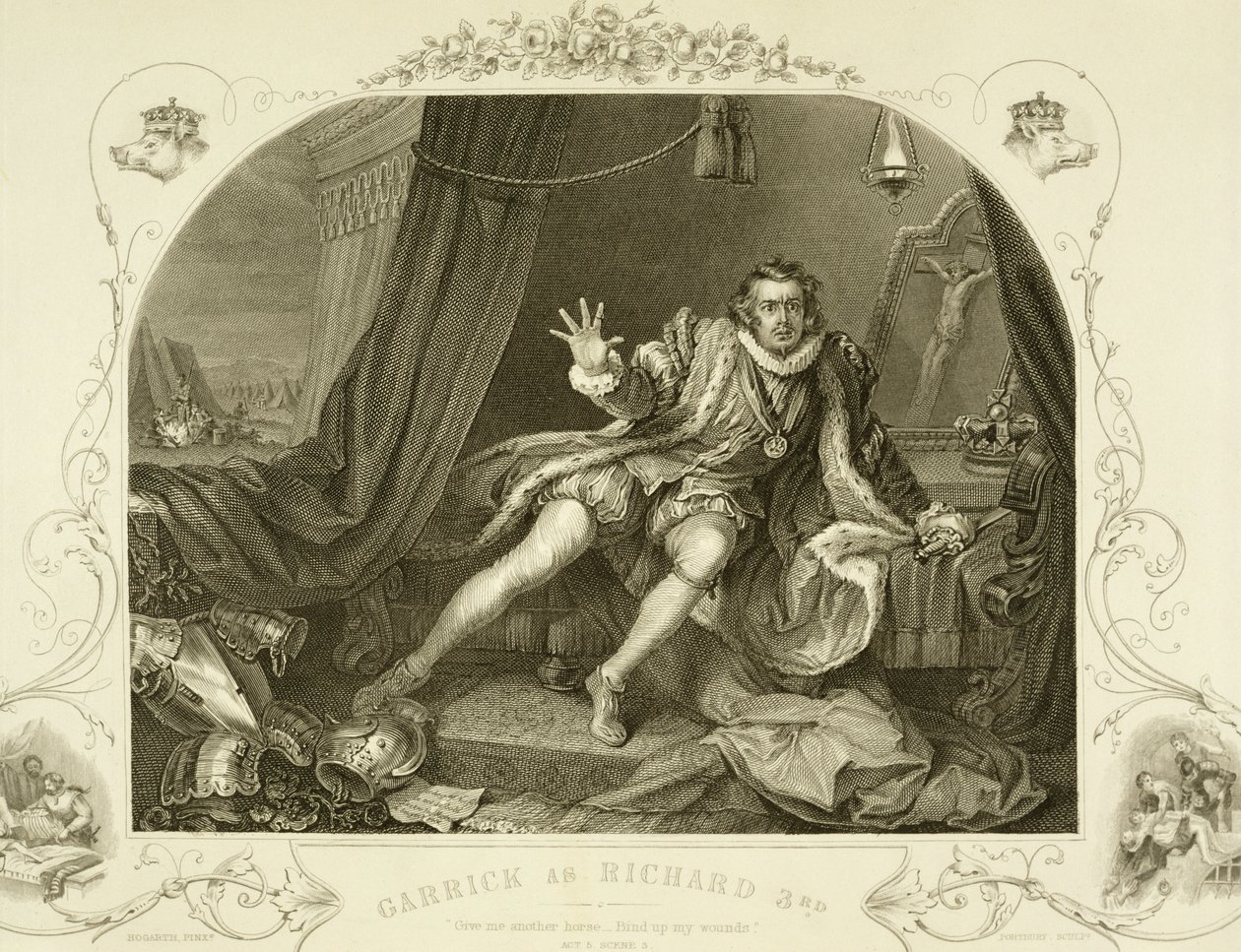 David Garrick (1717-79) som Richard III, akt V, scen 3, i pjäsen av William Shakespeare (1564-1616) graverad av Portbury av William Hogarth