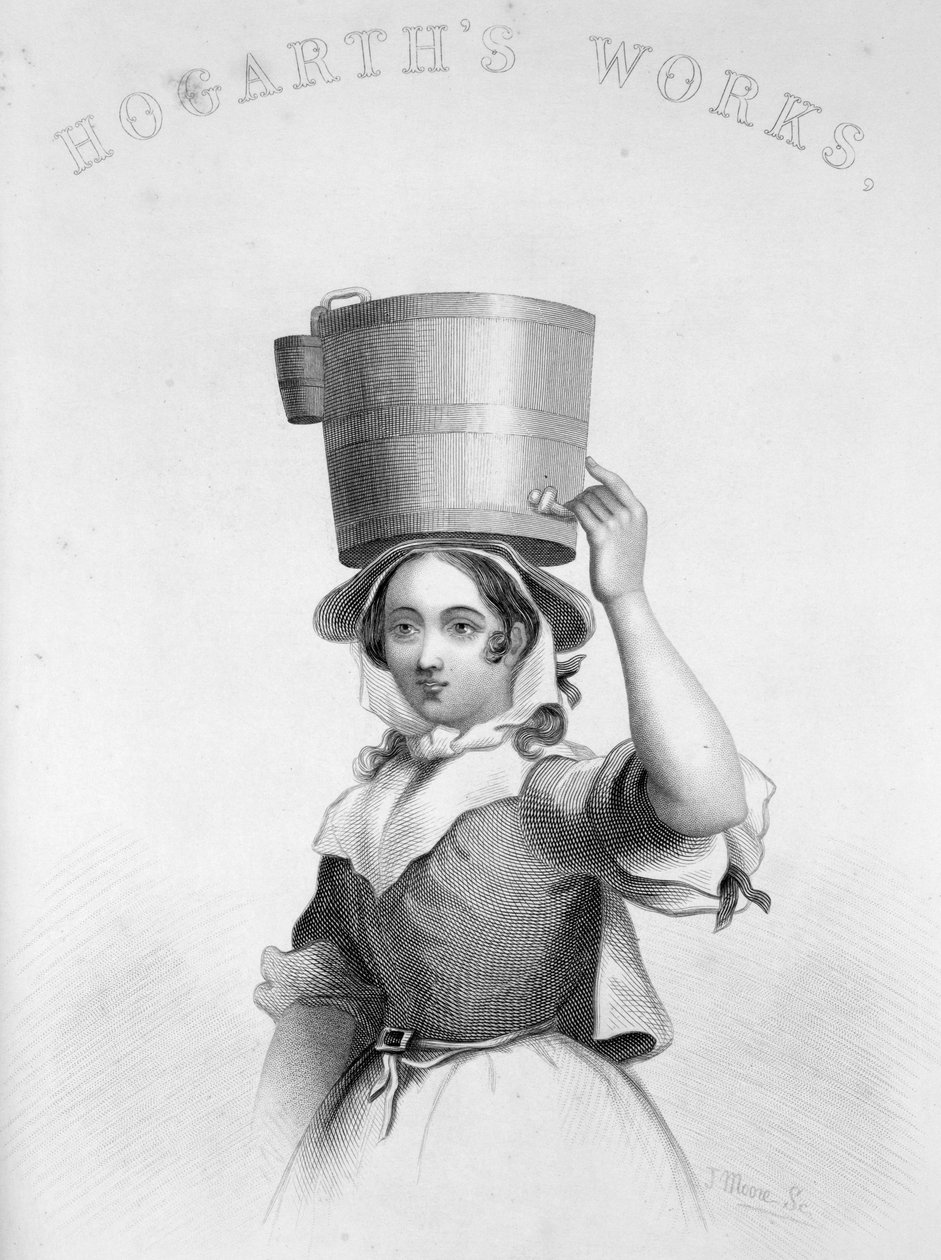 Skildring av J Moore som gravyr av Milk Maid från Hogarths Enraged Musician av William Hogarth