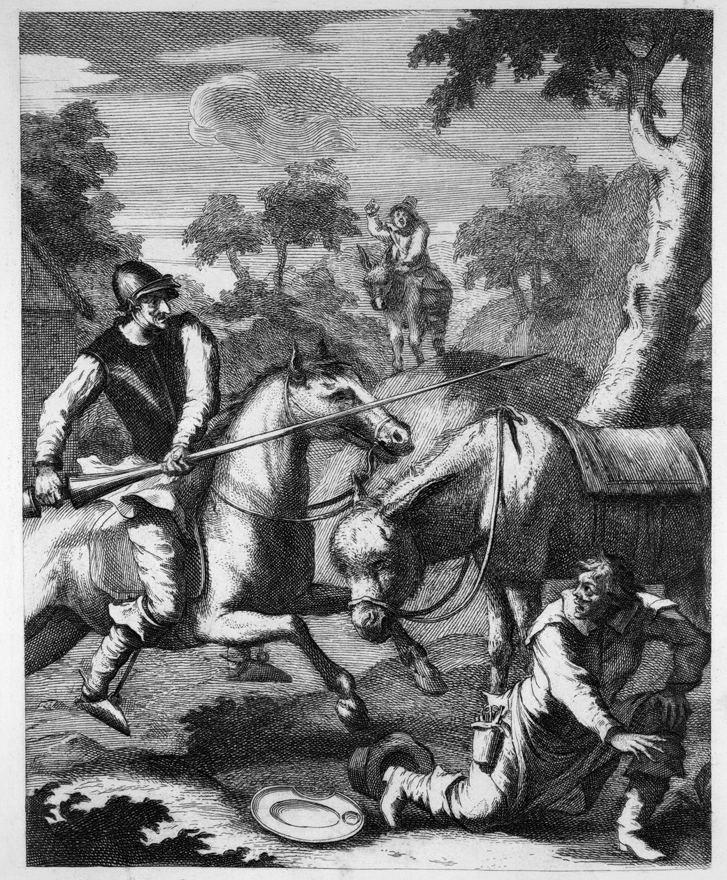 Don Luixote tar Baibeis-basonen för Mambrinos hjälm av William Hogarth