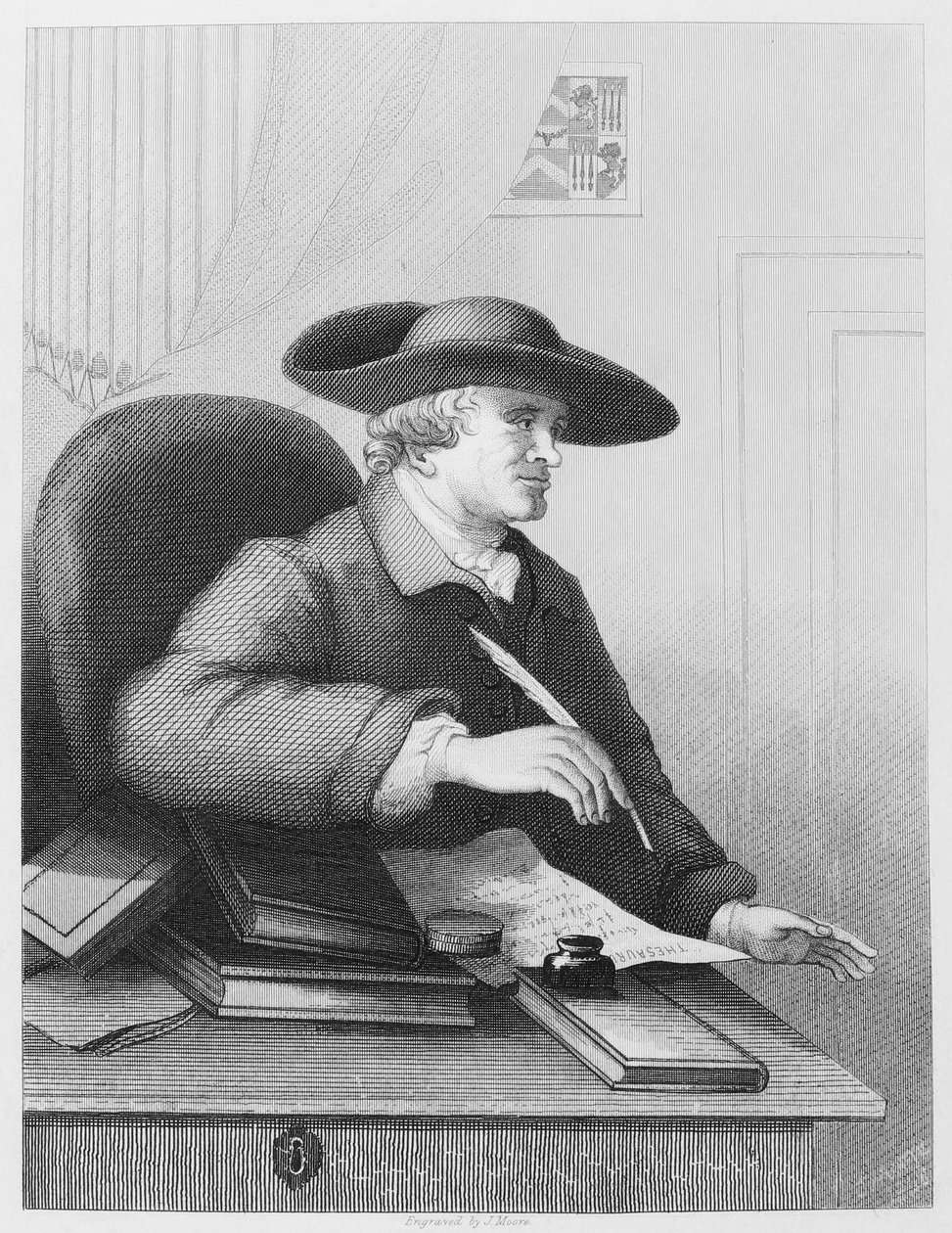 Dr Thomas Morell, forskaren och tryckaren. Han är känd för att vara librettist och skrev den mest detaljerade redogörelsen för samarbetet med Handel Engraving av J Moore efter William Hogarth av William Hogarth