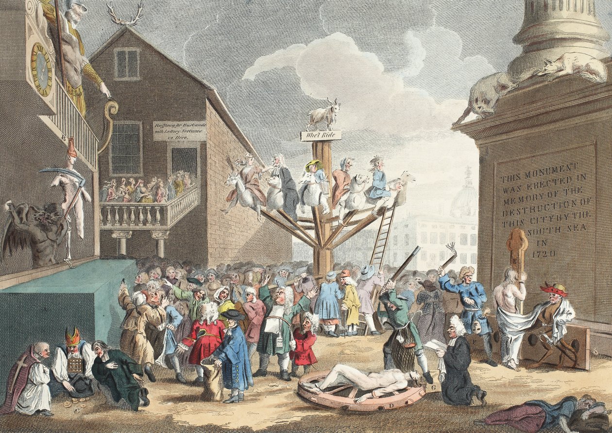 Emblematiskt tryck av Söderhavet, illustration från "Hogarth Restored: The Whole Works of the hyllade William Hogarth, ingraverat av Thomas Cook", pub. 1812 (handfärgad gravyr) av William Hogarth