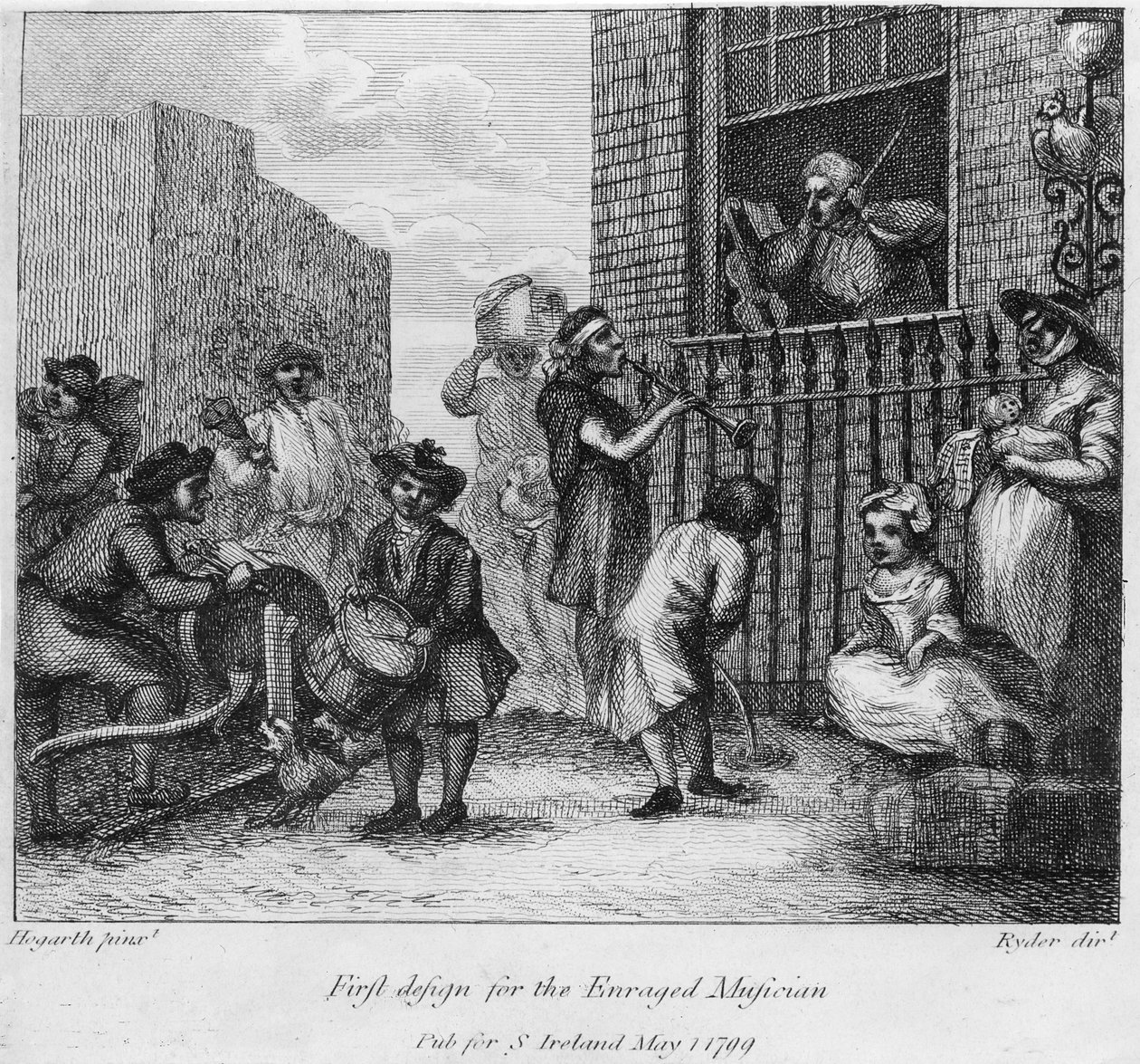 Första designen för The Enraged Musician, 1799 av William Hogarth