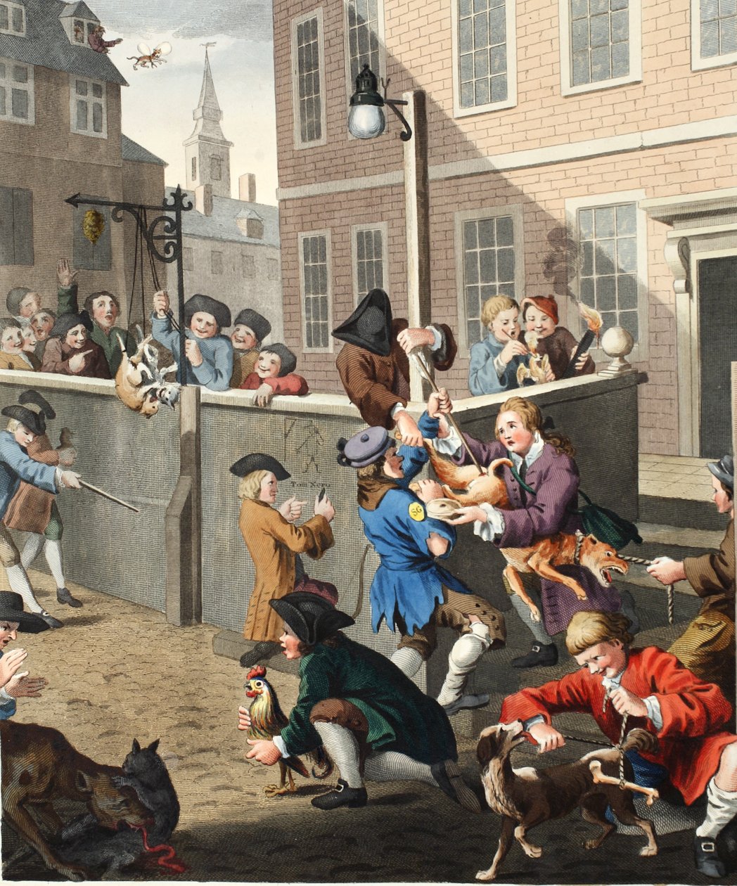 Första skedet av grymhet, illustration från "Hogarth Restored: The Whole Works of the hyllade William Hogarth, ingraverat av Thomas Cook", pub. 1812 (handfärgad gravyr) av William Hogarth