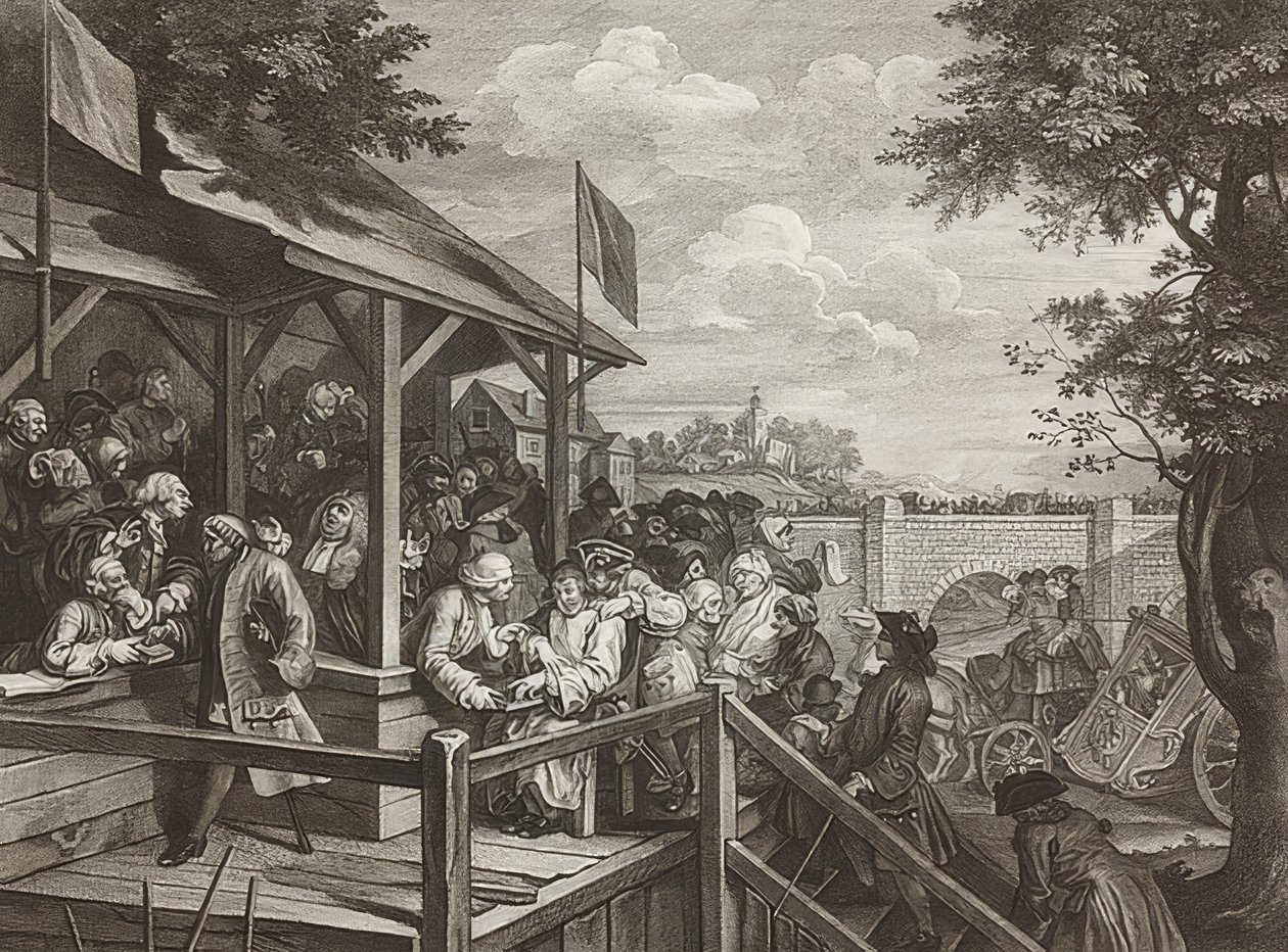 Fyra utskrifter av ett val / De allmänna valen. Blad 3: Röstningen / Röstning. 1758 av William Hogarth
