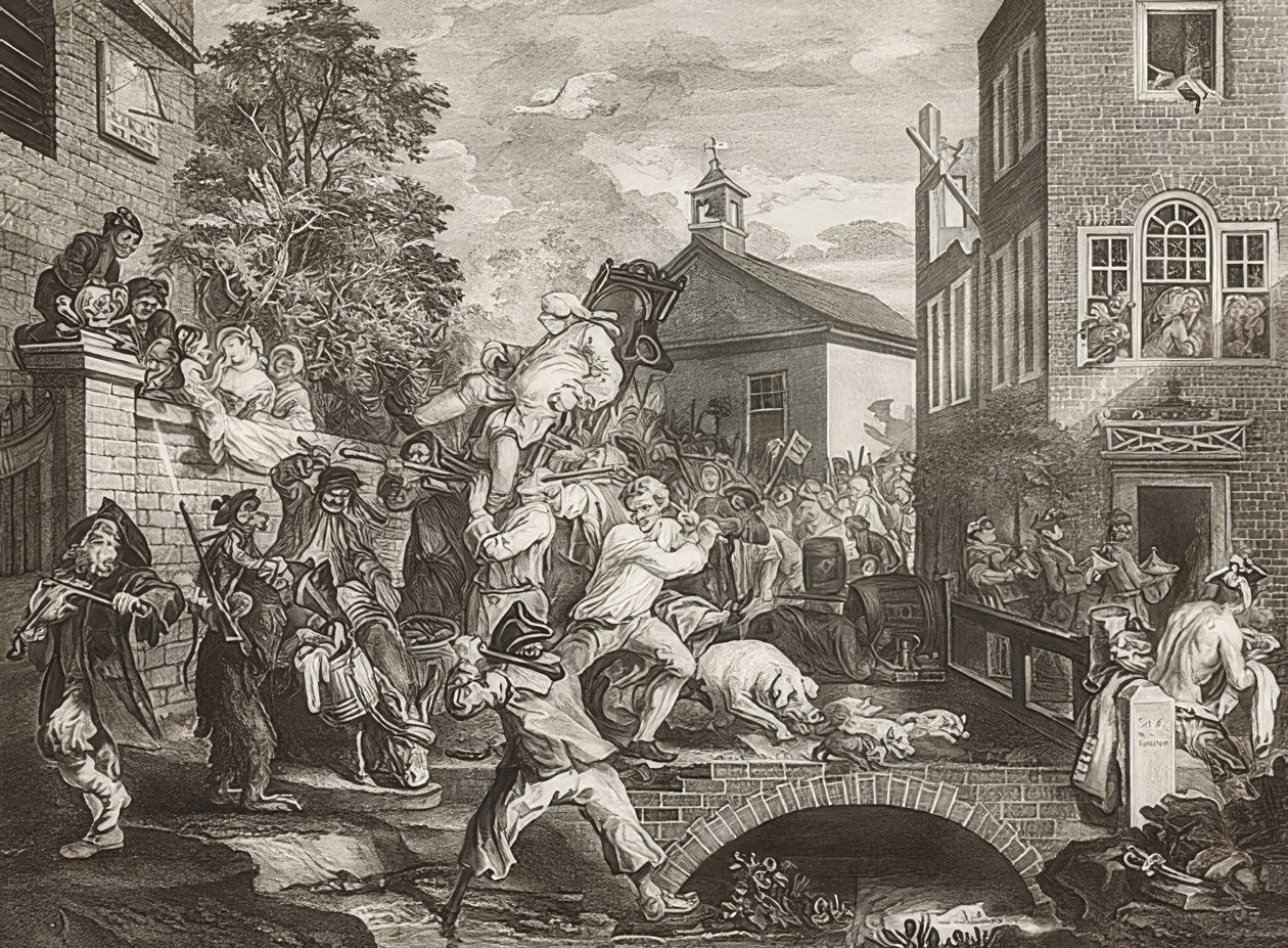 Fyra utskrifter av ett val / De allmänna valen. Blad 4: Ordförande för ledamöterna / MPs triumftåg. 1758 av William Hogarth