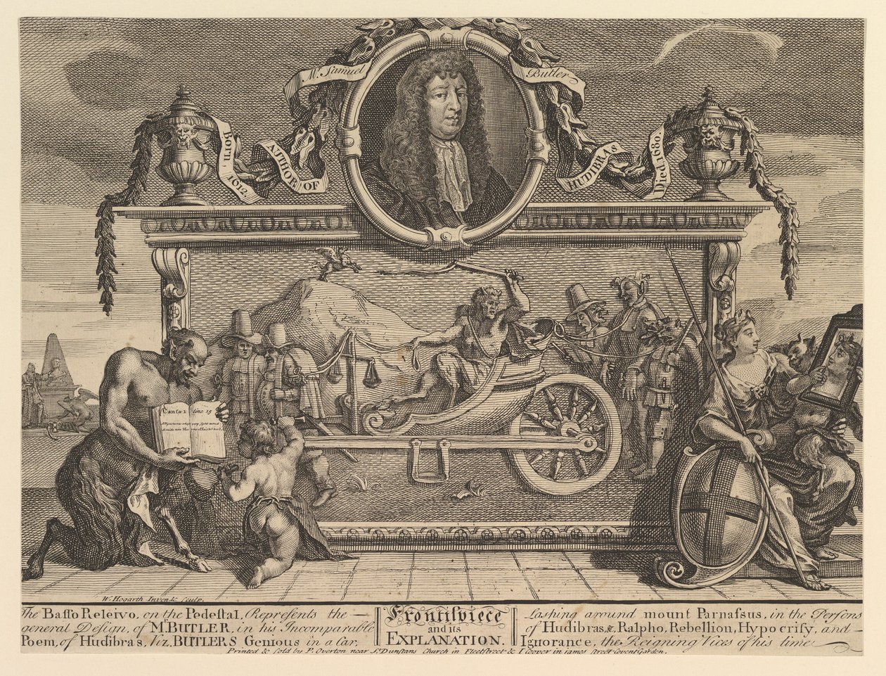 Frontispice och dess förklaring: Tolv stora illustrationer för Samuel Butler..., februari 1725-26. av William Hogarth
