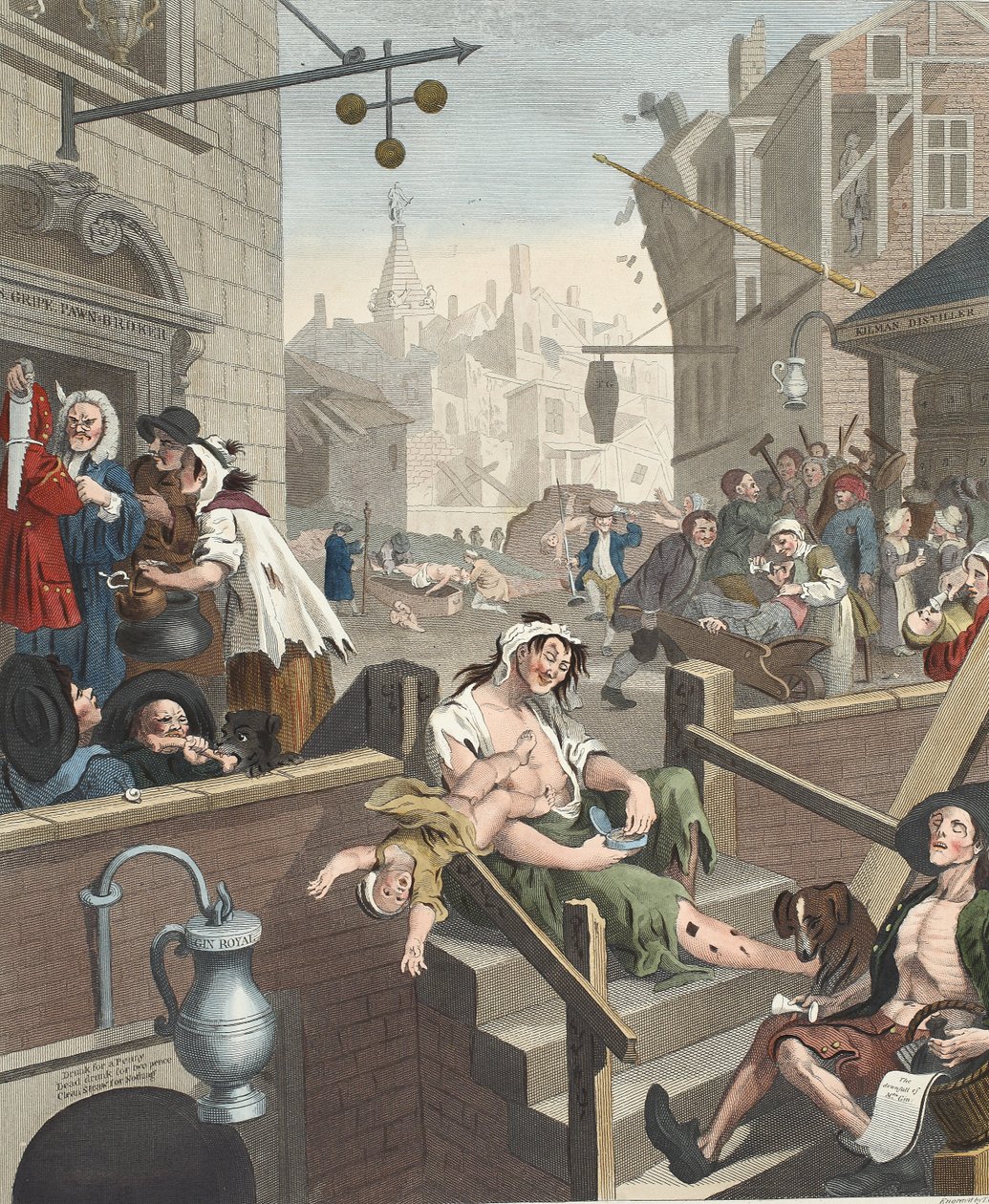 Gin Lane, illustration från "Hogarth Restored: The Whole Works of the celebrated William Hogarth, re-engraved by Thomas Cook", pub. 1812 (handkolorerad gravyr) av William Hogarth