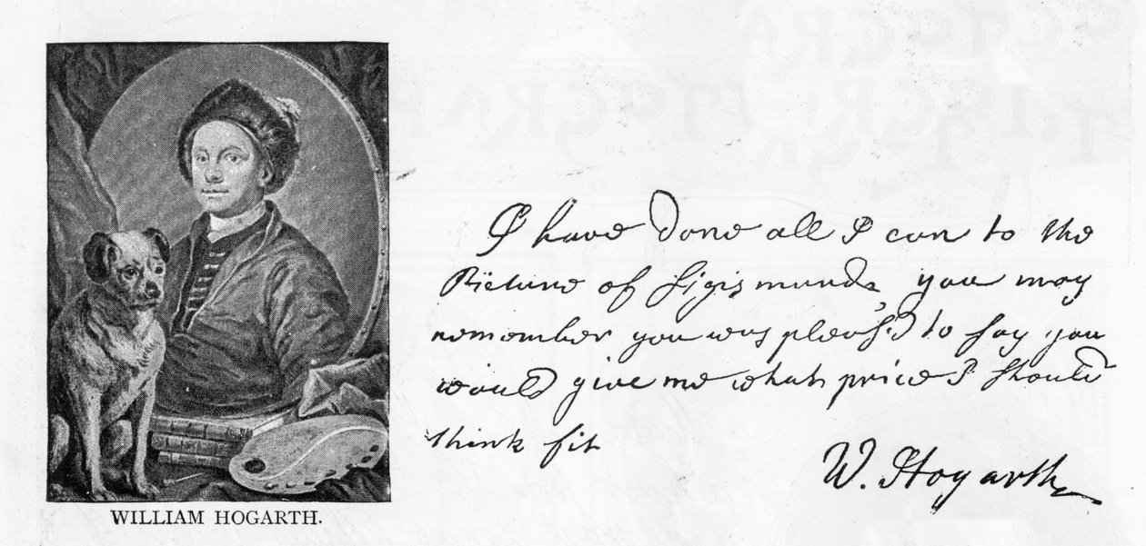 Handskrift och underskrift av William Hogarth, från ett brev till Sir Richard Grosvenor angående hans beställning av en bild av Sigismunda, 13 juni 1757 (penna och bläck på papper) (se även 396067) av William Hogarth