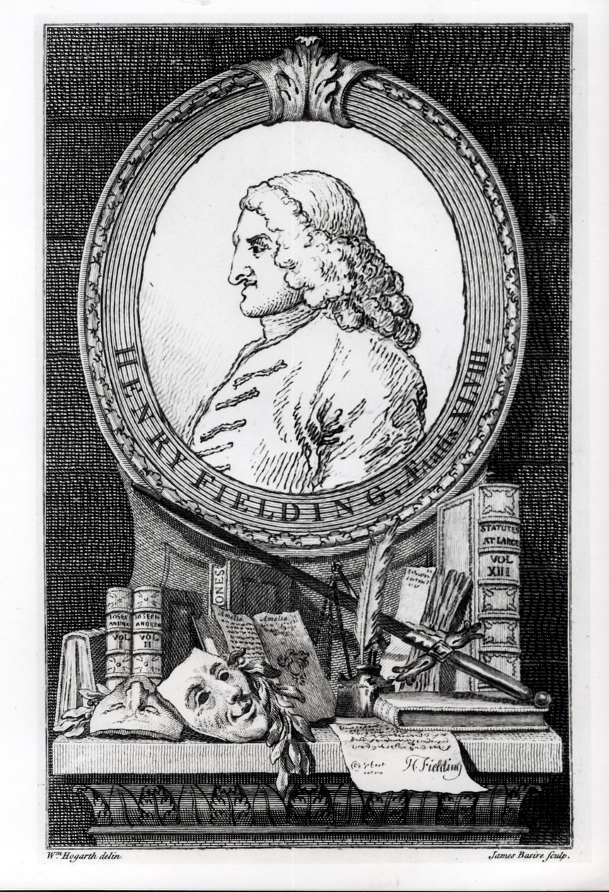Henry Fielding (1707-54) vid fyrtioåtta års ålder, graverad av James Basire av William Hogarth