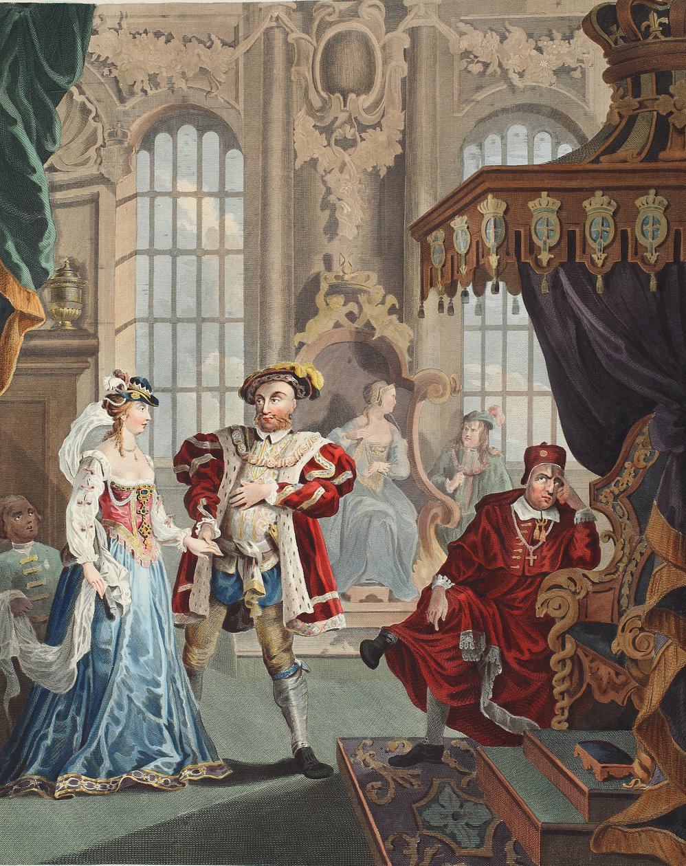 Henry VIII och Anne Boleyn, illustration från "Hogarth Restored: The Whole Works of the celebred William Hogarth, re-graved by Thomas Cook", pub. 1812 (handfärgad gravyr) av William Hogarth