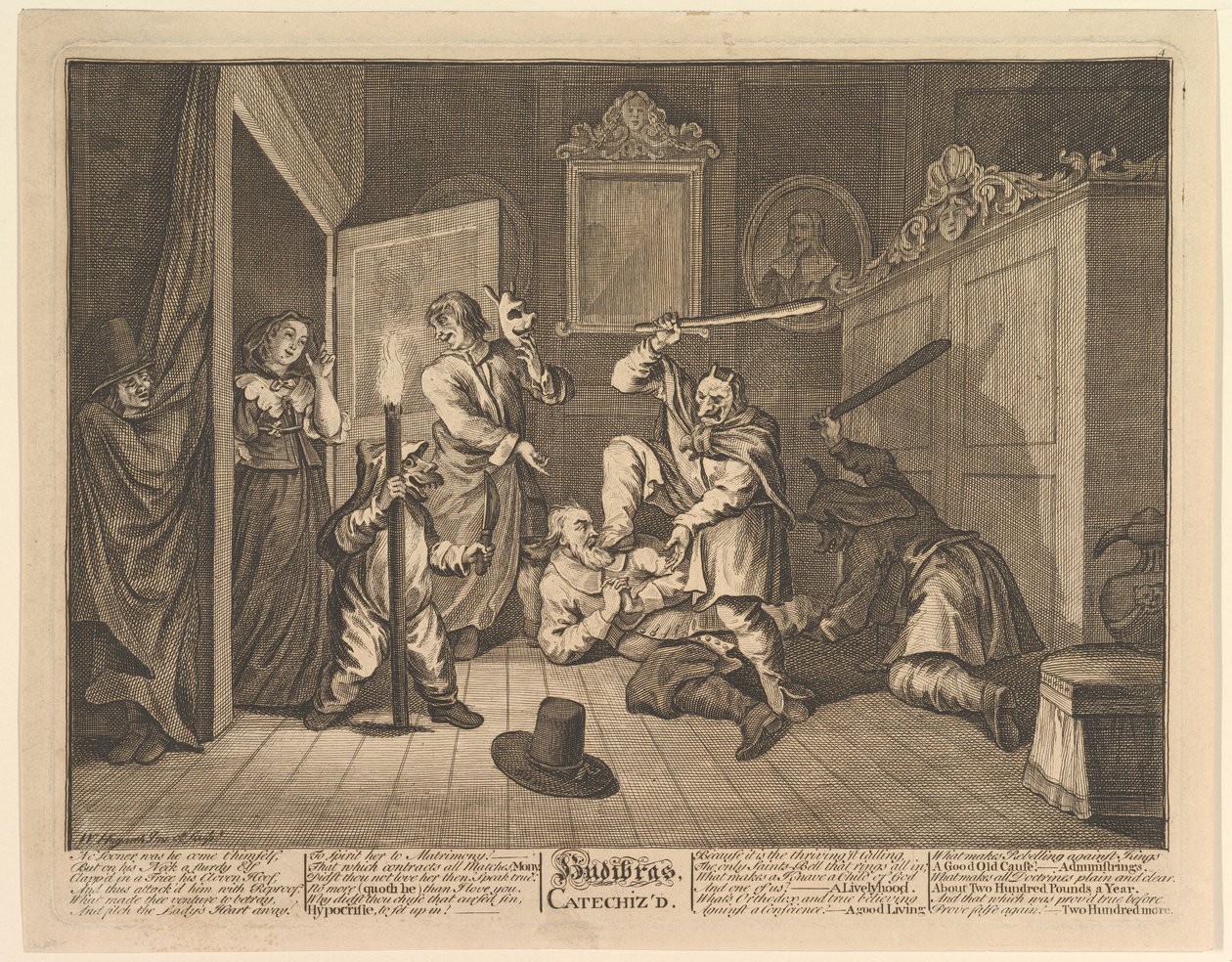 Hudibras katekiserade tolv stora illustrationer för Samuel Butlers Hudibras, tavla 9, 1725-68. av William Hogarth