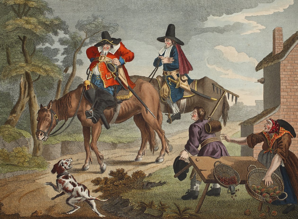 Hudibras Sallies Forth, från "Hudibras" av Samuel Butler (1612-80), illustration från "Hogarth Restored: The Whole Works of the celebrated William Hogarth, re-engraved by Thomas Cook", pub. 1812 (hand av William Hogarth