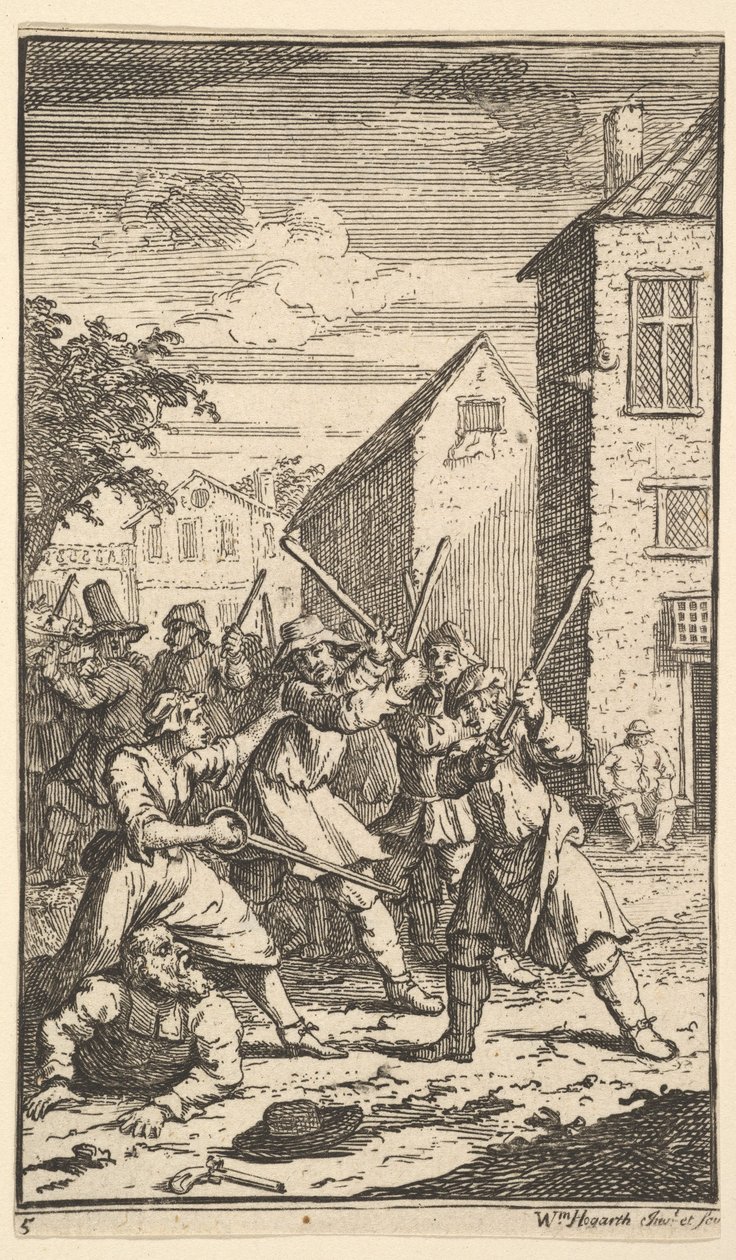 Hudibras besegrad av Trulla Sjutton små illustrationer för Samuel Butlers Hudibr..., 1721-26. av William Hogarth