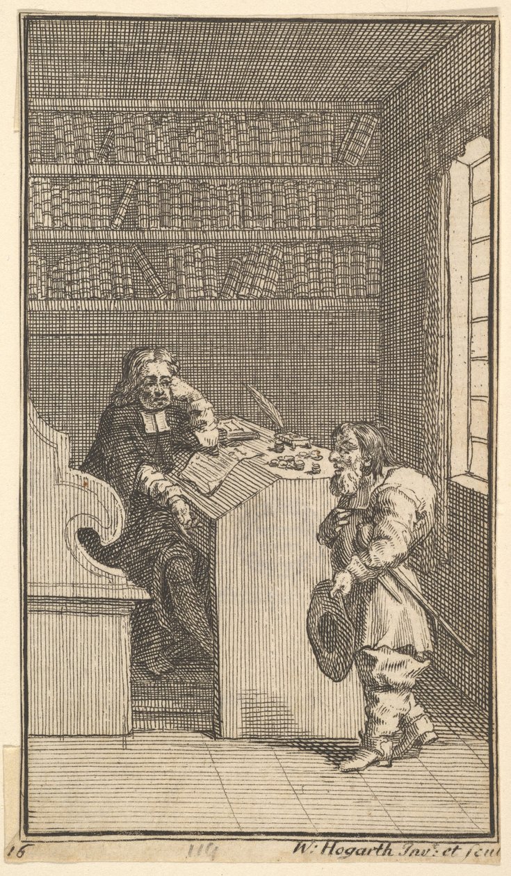 Hudibras och advokaten Sjutton små illustrationer för Samuel Butlers Hudibras, nr..., 1721-26. av William Hogarth
