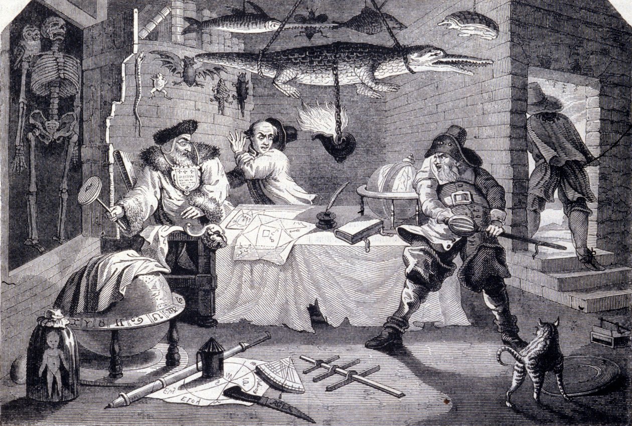 Hudribas attackerar astrologen Sidrophel och hans betjänt Wacum. Gravyr av William Hogarth (1697-1764) för dikten "Hubridas" av Samuel Butler (1600-talet). Omkring 1725 av William Hogarth
