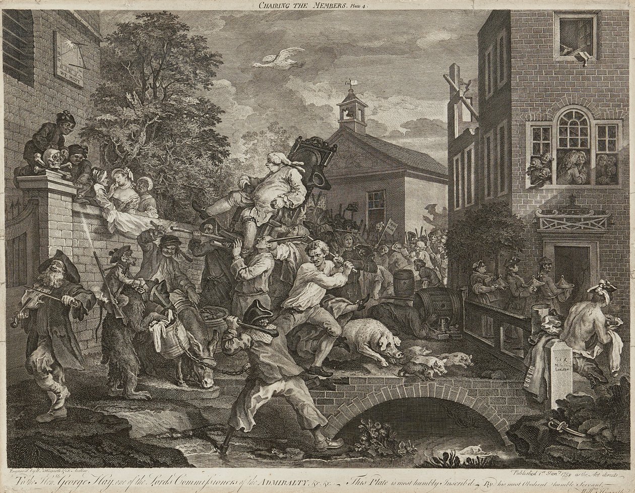 Humors of An Election (uppsättning om fyra) (gravyr) av William Hogarth