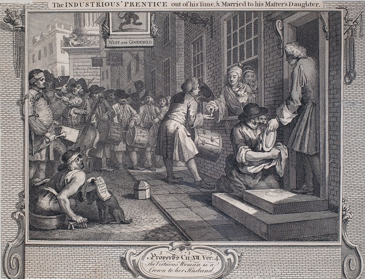 Industri och sysslolöshet: Den industriella lärlingen gift (linjegravering på papper) av William Hogarth