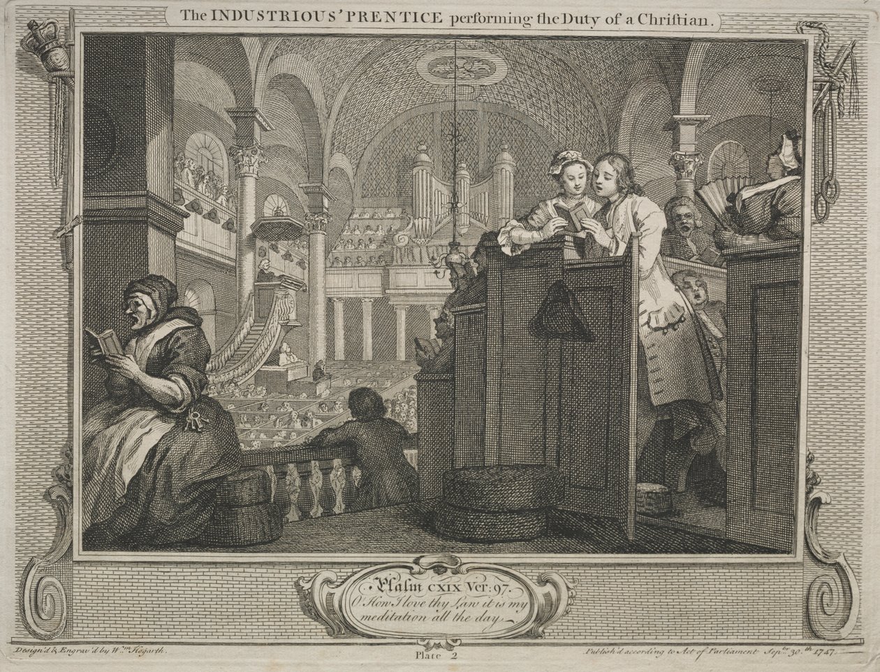 Industri och sysslolöshet: Den flitiga Prentice som utför en kristens plikt av William Hogarth