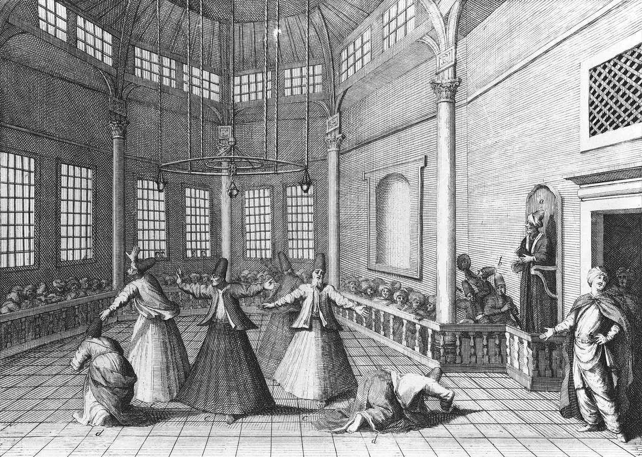 Inde i en tyrkisk moske, illustration fra Aubry de la Mottrayes 