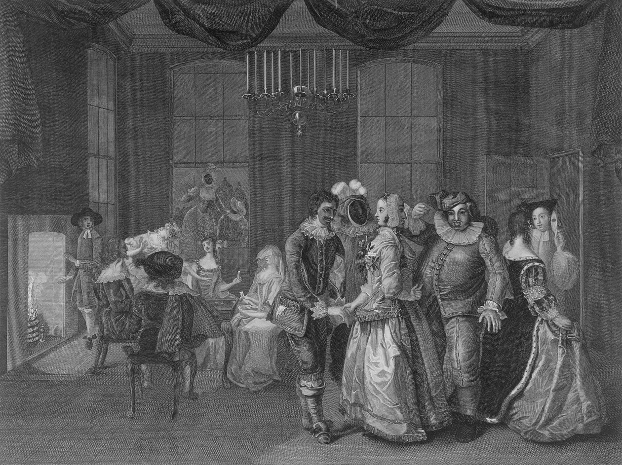 Interiörvy av Somerset House som visar figurer klädda för en maskerad, 1805 av William Hogarth