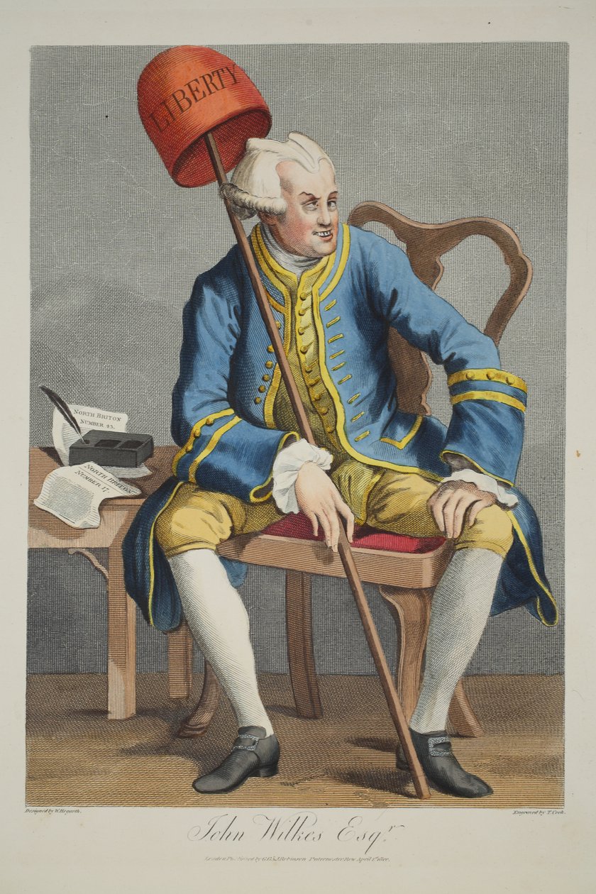 John Wilkes Esq., illustration från "Hogarth Restored: The Whole Works of the hyllade William Hogarth, re-graved by Thomas Cook", pub. 1812 (handfärgad gravyr) av William Hogarth