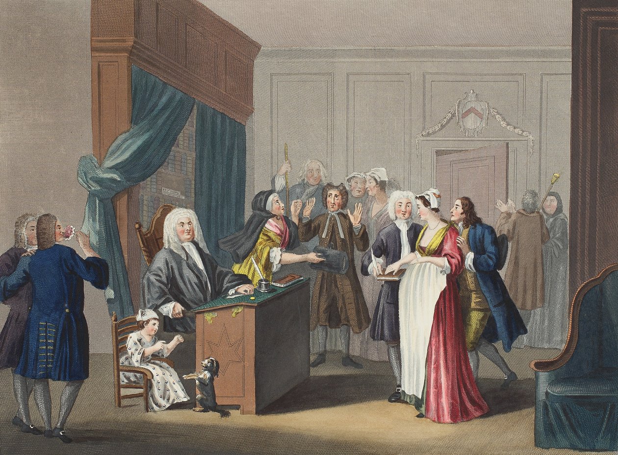 Rättvisan triumferar, illustration från "Hogarth Restored: The Whole Works of the hyllade William Hogarth, re-graved by Thomas Cook", pub. 1812 (handfärgad gravyr) av William Hogarth