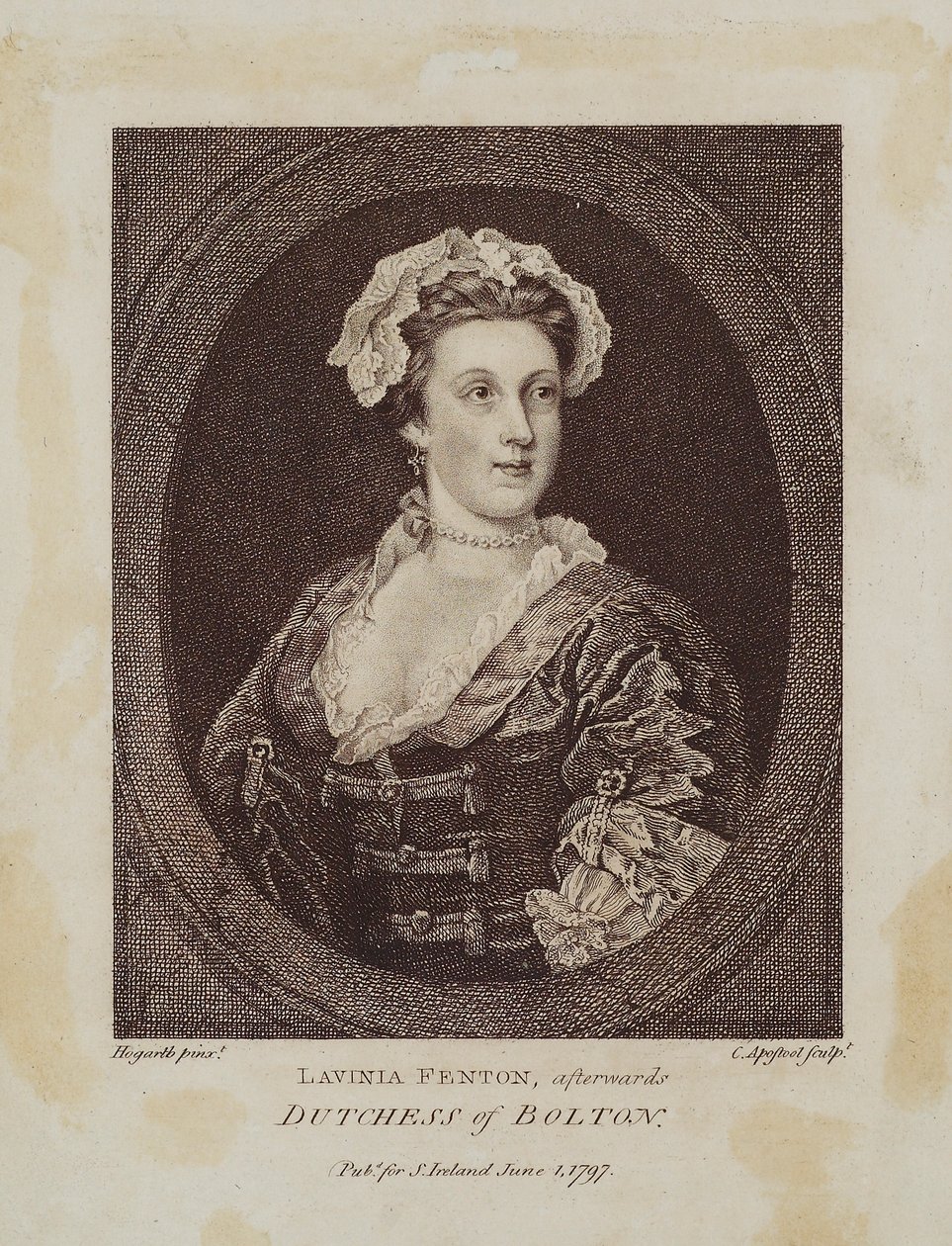Lavinia Fenton, senare hertiginna av Bolton, graverad av Cornelius Apostool (1762-1844), 1797 (stiplingstickning) av William Hogarth