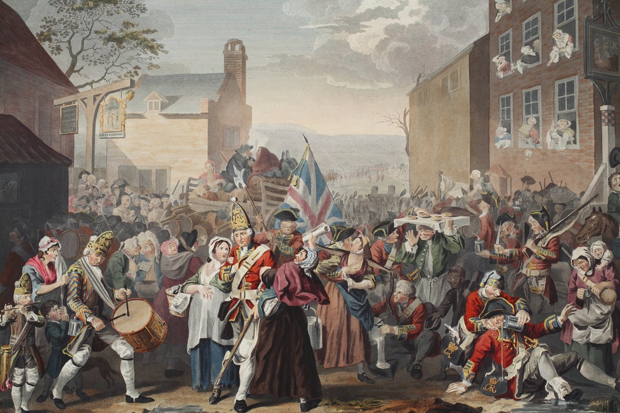 Marsch av vakterna till Finchley, illustration från "Hogarth Restored: The Whole Works of den hyllade William Hogarth, ingraverad av Thomas Cook", pub. 1812 (handfärgad gravyr) av William Hogarth