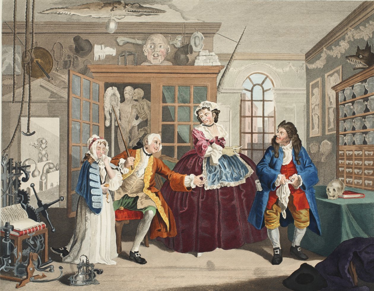 Äktenskap a la Mode, tavla III, Inspektionen, illustration från "Hogarth Restored: The Whole Works of the hyllade William Hogarth, re-graved by Thomas Cook", pub. 1812 (handfärgad gravyr) av William Hogarth