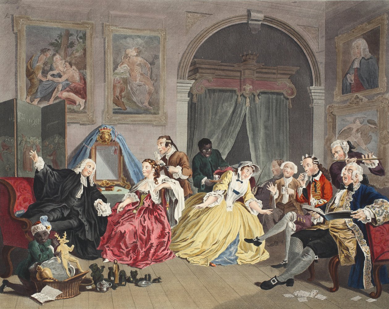 Äktenskap a la Mode, Platta IV, The Toilette, illustration från "Hogarth Restored: The Whole Works of the hyllade William Hogarth, re-graved by Thomas Cook", pub. 1812 (handfärgad gravyr) av William Hogarth
